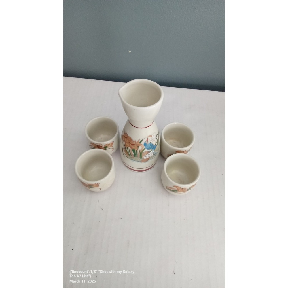 Ceramic Sake Set Carafe and Cups Rabbit Floral Design 5 Piece